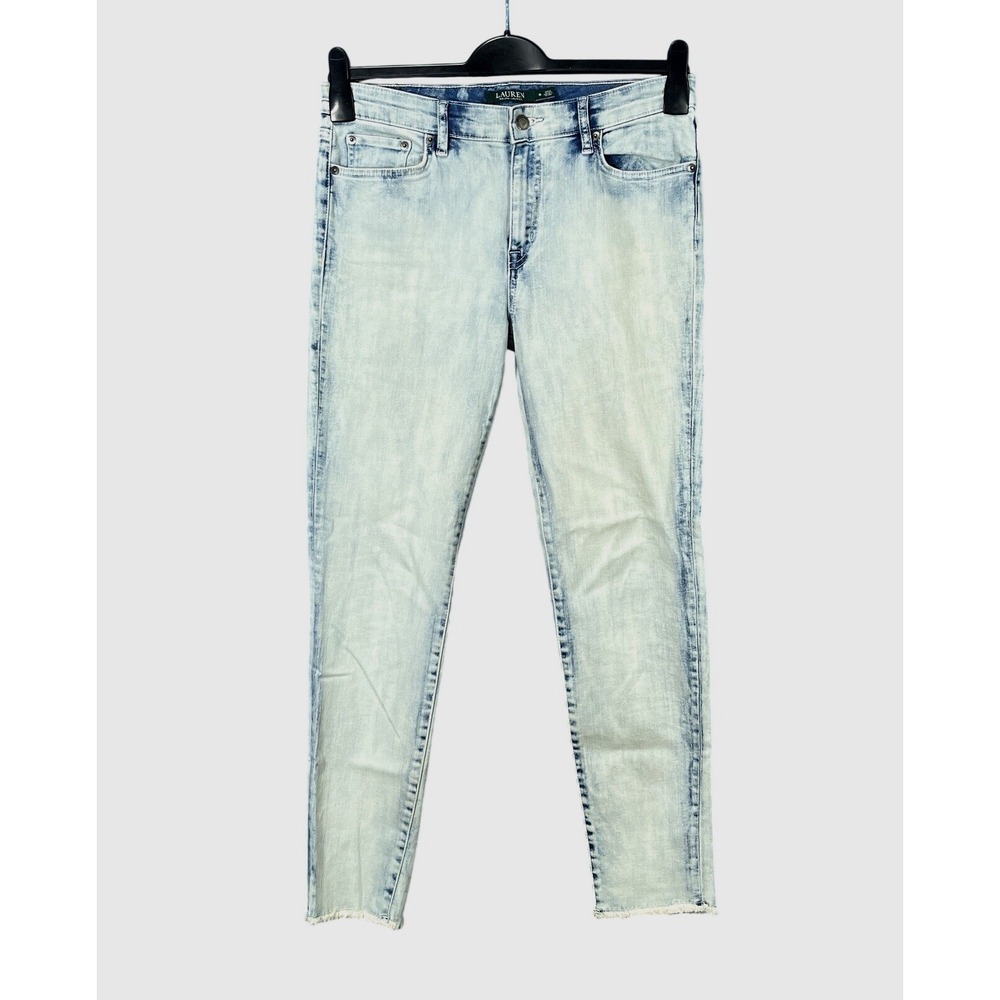 LAUREN RALPH LAUREN Blue ACID WASH Denim FRAYED HEM Cropped SKINNY JEANS Sz 8